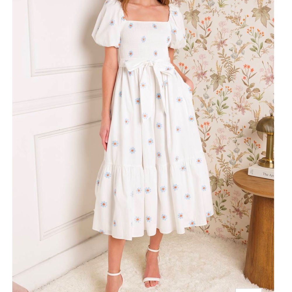 White Floral Square-Neck Midi Dress with Puff Sleeves